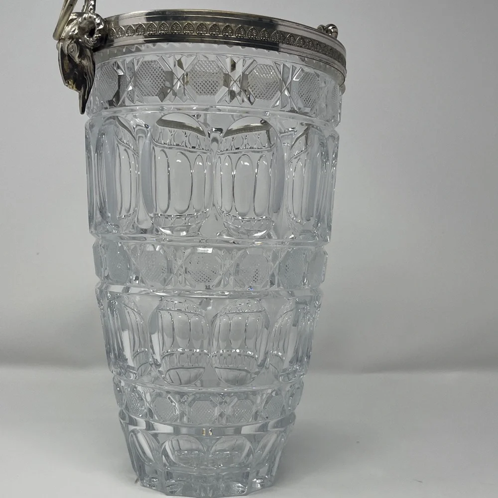 Glass champagne bucket. Oval & cross hatch detail with guilt metal ram handle